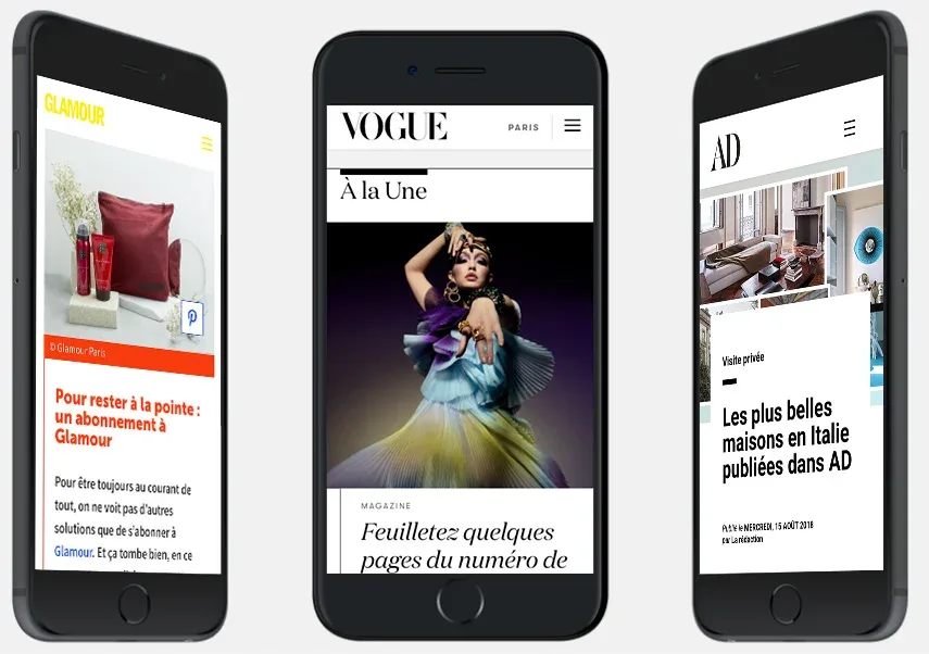 Sites mobiles de Glamour, Vogue Paris et AD sur trois téléphones