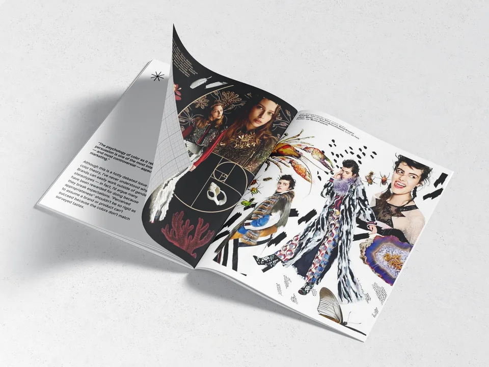 Magazine ouvert : doubles pages de mode en collage, mannequins, insectes et minéraux