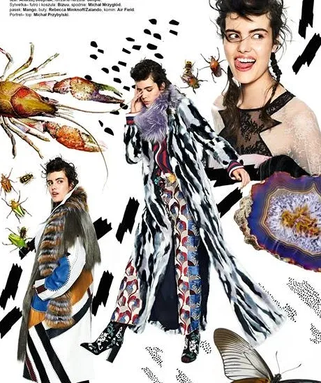 Éditorial de mode en collage : mannequins en manteaux, crustacé, insectes et agate
