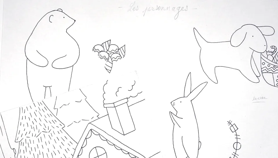 Dessins au trait des personnages : ours, lapin et chien